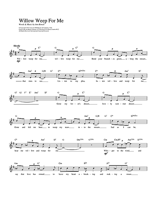 Preview Ann Ronell Willow Weep For Me Jazz sheet music, notes and chords for Melody Line, Lyrics & Chords, SKU: 14240 sheet music, piano notes, chords, guitar tabs, score, transpose, transcribe, how to play, guide, download, learn, tutorial, progression, song, artist, awards, billboard, mtv, vh1, tour, single, album, release