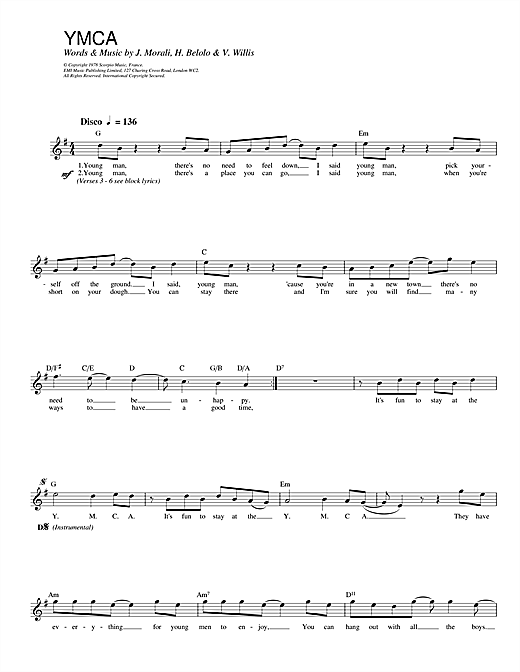 Preview Village People Y.M.C.A. Disco sheet music, notes and chords for Melody Line, Lyrics & Chords, SKU: 14246 sheet music, piano notes, chords, guitar tabs, score, transpose, transcribe, how to play, guide, download, learn, tutorial, progression, song, artist, awards, billboard, mtv, vh1, tour, single, album, release