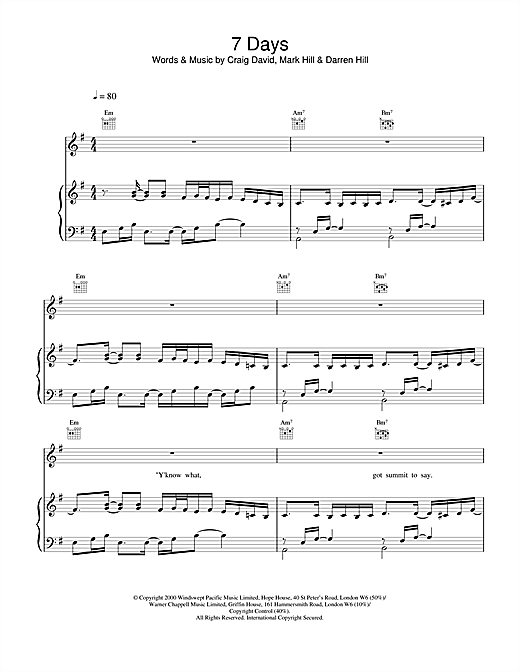 Preview Craig David 7 Days R & B sheet music, notes and chords for Piano, Vocal & Guitar, SKU: 14322 sheet music, piano notes, chords, guitar tabs, score, transpose, transcribe, how to play, guide, download, learn, tutorial, progression, song, artist, awards, billboard, mtv, vh1, tour, single, album, release