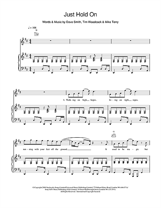 Preview Toploader Just Hold On Rock sheet music, notes and chords for Piano, Vocal & Guitar, SKU: 14423 sheet music, piano notes, chords, guitar tabs, score, transpose, transcribe, how to play, guide, download, learn, tutorial, progression, song, artist, awards, billboard, mtv, vh1, tour, single, album, release