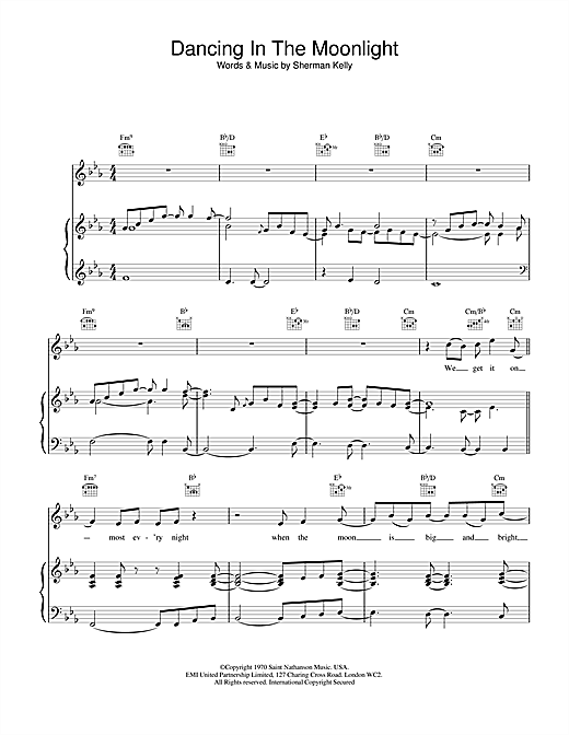 Preview Toploader Dancing in the Moonlight Rock sheet music, notes and chords for Piano, Vocal & Guitar, SKU: 14428 sheet music, piano notes, chords, guitar tabs, score, transpose, transcribe, how to play, guide, download, learn, tutorial, progression, song, artist, awards, billboard, mtv, vh1, tour, single, album, release