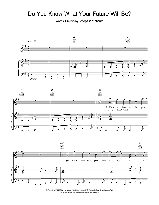 Preview Toploader Do You Know What Your Future Will Be? Rock sheet music, notes and chords for Piano, Vocal & Guitar, SKU: 14434 sheet music, piano notes, chords, guitar tabs, score, transpose, transcribe, how to play, guide, download, learn, tutorial, progression, song, artist, awards, billboard, mtv, vh1, tour, single, album, release
