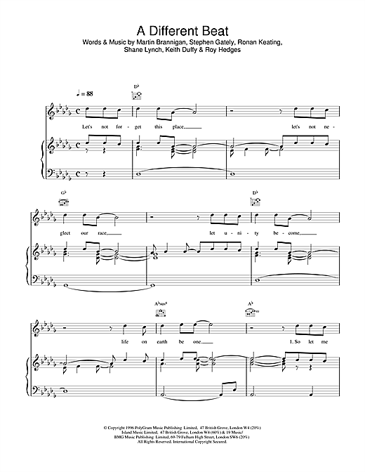 Preview Boyzone A Different Beat Pop sheet music, notes and chords for Piano, Vocal & Guitar (Right-Hand Melody), SKU: 14464 sheet music, piano notes, chords, guitar tabs, score, transpose, transcribe, how to play, guide, download, learn, tutorial, progression, song, artist, awards, billboard, mtv, vh1, tour, single, album, release