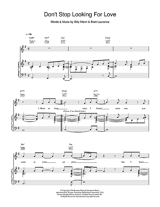 Preview Boyzone Don't Stop Looking For Love Pop sheet music, notes and chords for Piano, Vocal & Guitar (Right-Hand Melody), SKU: 14467 sheet music, piano notes, chords, guitar tabs, score, transpose, transcribe, how to play, guide, download, learn, tutorial, progression, song, artist, awards, billboard, mtv, vh1, tour, single, album, release