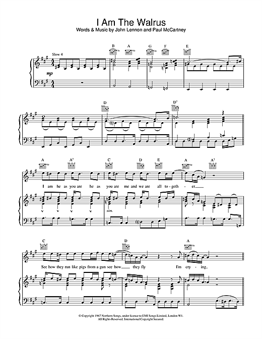 Preview Oasis I Am The Walrus Rock sheet music, notes and chords for Piano, Vocal & Guitar (Right-Hand Melody), SKU: 14469 sheet music, piano notes, chords, guitar tabs, score, transpose, transcribe, how to play, guide, download, learn, tutorial, progression, song, artist, awards, billboard, mtv, vh1, tour, single, album, release