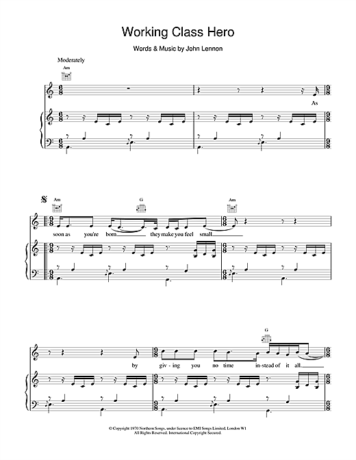 Preview John Lennon Working Class Hero Rock sheet music, notes and chords for Piano, Vocal & Guitar, SKU: 14471 sheet music, piano notes, chords, guitar tabs, score, transpose, transcribe, how to play, guide, download, learn, tutorial, progression, song, artist, awards, billboard, mtv, vh1, tour, single, album, release