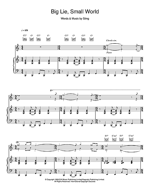 Preview Sting Big Lie Small World Rock sheet music, notes and chords for Piano, Vocal & Guitar, SKU: 14473 sheet music, piano notes, chords, guitar tabs, score, transpose, transcribe, how to play, guide, download, learn, tutorial, progression, song, artist, awards, billboard, mtv, vh1, tour, single, album, release