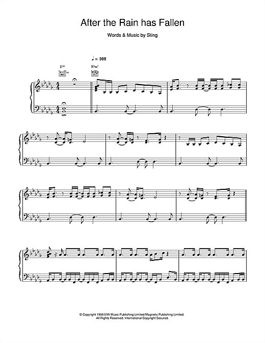 Preview Sting After The Rain Has Fallen Rock sheet music, notes and chords for Piano, Vocal & Guitar, SKU: 14474 sheet music, piano notes, chords, guitar tabs, score, transpose, transcribe, how to play, guide, download, learn, tutorial, progression, song, artist, awards, billboard, mtv, vh1, tour, single, album, release