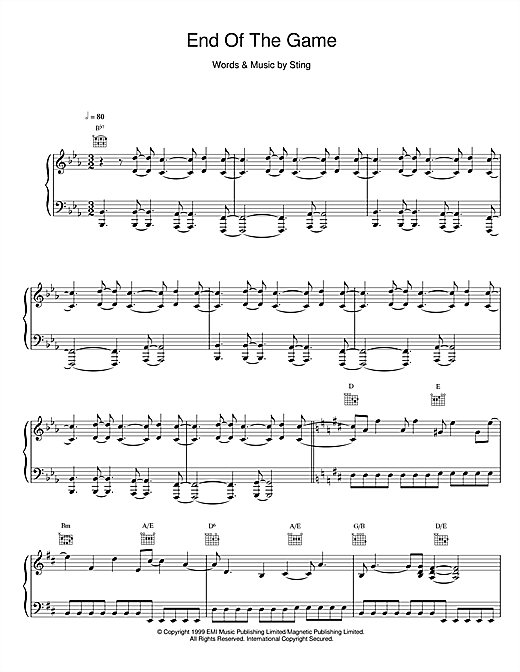 Preview Sting End Of The Game Rock sheet music, notes and chords for Piano, Vocal & Guitar, SKU: 14477 sheet music, piano notes, chords, guitar tabs, score, transpose, transcribe, how to play, guide, download, learn, tutorial, progression, song, artist, awards, billboard, mtv, vh1, tour, single, album, release