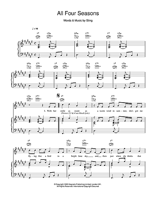 Preview Sting All Four Seasons Rock sheet music, notes and chords for Piano, Vocal & Guitar (Right-Hand Melody), SKU: 14481 sheet music, piano notes, chords, guitar tabs, score, transpose, transcribe, how to play, guide, download, learn, tutorial, progression, song, artist, awards, billboard, mtv, vh1, tour, single, album, release