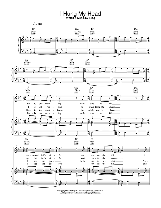 Preview Sting I Hung My Head Rock sheet music, notes and chords for Piano, Vocal & Guitar (Right-Hand Melody), SKU: 14482 sheet music, piano notes, chords, guitar tabs, score, transpose, transcribe, how to play, guide, download, learn, tutorial, progression, song, artist, awards, billboard, mtv, vh1, tour, single, album, release