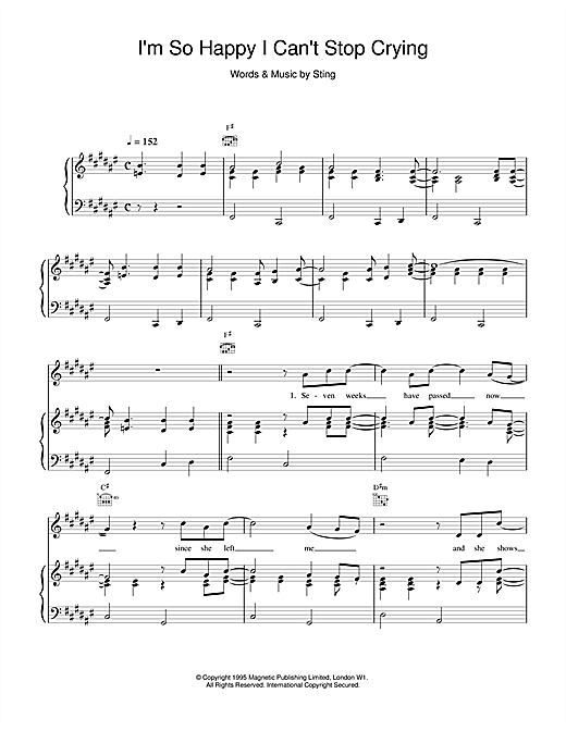 Preview Sting I'm So Happy I Can't Stop Crying Rock sheet music, notes and chords for Piano, Vocal & Guitar (Right-Hand Melody), SKU: 14483 sheet music, piano notes, chords, guitar tabs, score, transpose, transcribe, how to play, guide, download, learn, tutorial, progression, song, artist, awards, billboard, mtv, vh1, tour, single, album, release