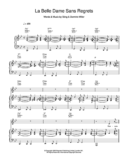 Preview Sting La Belle Dame Sans Regrets Rock sheet music, notes and chords for Piano, Vocal & Guitar (Right-Hand Melody), SKU: 14485 sheet music, piano notes, chords, guitar tabs, score, transpose, transcribe, how to play, guide, download, learn, tutorial, progression, song, artist, awards, billboard, mtv, vh1, tour, single, album, release