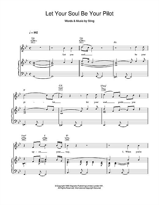 Preview Sting Let Your Soul Be Your Pilot Rock sheet music, notes and chords for Piano, Vocal & Guitar, SKU: 14486 sheet music, piano notes, chords, guitar tabs, score, transpose, transcribe, how to play, guide, download, learn, tutorial, progression, song, artist, awards, billboard, mtv, vh1, tour, single, album, release