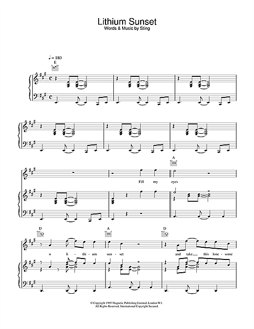 Preview Sting Lithium Sunset Rock sheet music, notes and chords for Piano, Vocal & Guitar (Right-Hand Melody), SKU: 14487 sheet music, piano notes, chords, guitar tabs, score, transpose, transcribe, how to play, guide, download, learn, tutorial, progression, song, artist, awards, billboard, mtv, vh1, tour, single, album, release