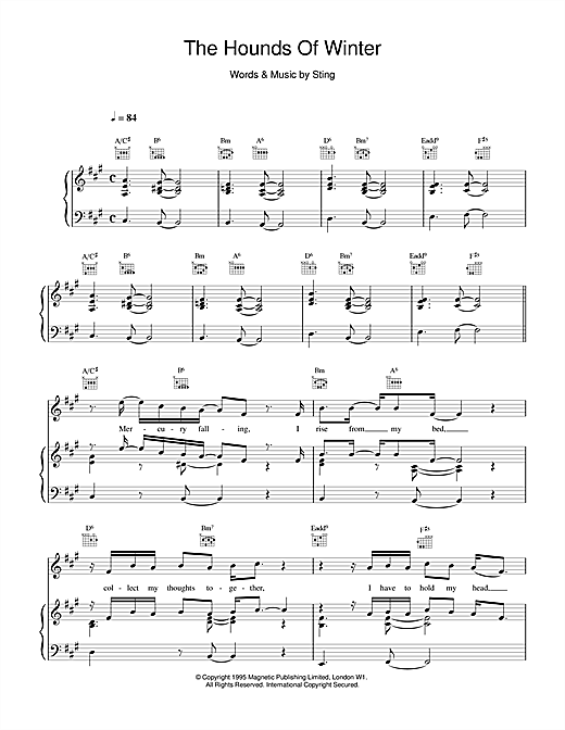Preview Sting The Hounds Of Winter Rock sheet music, notes and chords for Piano, Vocal & Guitar (Right-Hand Melody), SKU: 14488 sheet music, piano notes, chords, guitar tabs, score, transpose, transcribe, how to play, guide, download, learn, tutorial, progression, song, artist, awards, billboard, mtv, vh1, tour, single, album, release