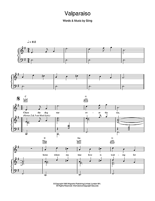 Preview Sting Valparaiso Rock sheet music, notes and chords for Piano, Vocal & Guitar (Right-Hand Melody), SKU: 14489 sheet music, piano notes, chords, guitar tabs, score, transpose, transcribe, how to play, guide, download, learn, tutorial, progression, song, artist, awards, billboard, mtv, vh1, tour, single, album, release