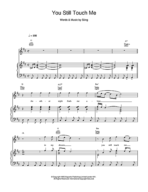 Preview Sting You Still Touch Me Rock sheet music, notes and chords for Piano, Vocal & Guitar (Right-Hand Melody), SKU: 14490 sheet music, piano notes, chords, guitar tabs, score, transpose, transcribe, how to play, guide, download, learn, tutorial, progression, song, artist, awards, billboard, mtv, vh1, tour, single, album, release