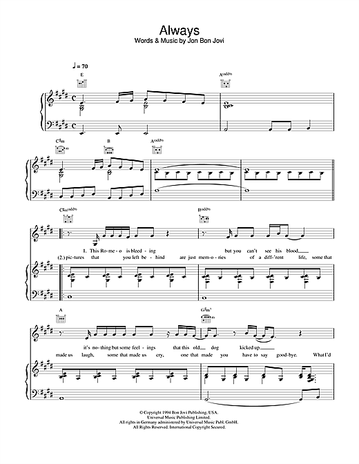 Preview Bon Jovi Always Rock sheet music, notes and chords for Piano, Vocal & Guitar, SKU: 14491 sheet music, piano notes, chords, guitar tabs, score, transpose, transcribe, how to play, guide, download, learn, tutorial, progression, song, artist, awards, billboard, mtv, vh1, tour, single, album, release