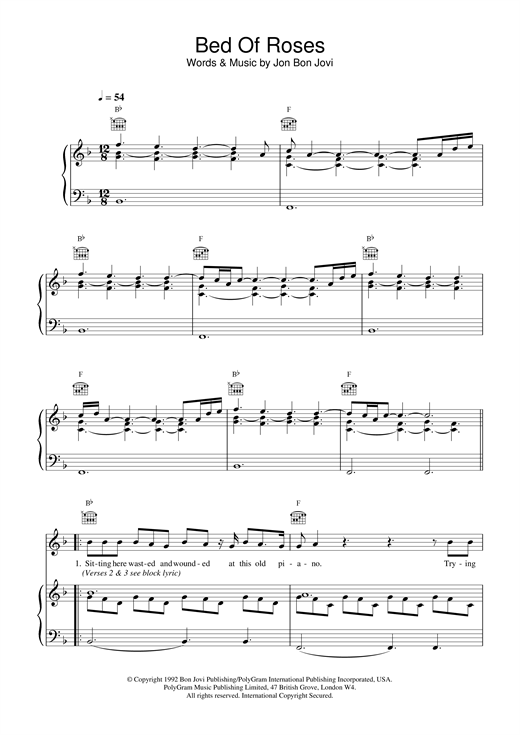 Preview Bon Jovi Bed Of Roses Rock sheet music, notes and chords for Piano, Vocal & Guitar (Right-Hand Melody), SKU: 14492 sheet music, piano notes, chords, guitar tabs, score, transpose, transcribe, how to play, guide, download, learn, tutorial, progression, song, artist, awards, billboard, mtv, vh1, tour, single, album, release