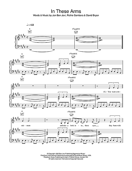 Preview Bon Jovi In These Arms Rock sheet music, notes and chords for Piano, Vocal & Guitar, SKU: 14494 sheet music, piano notes, chords, guitar tabs, score, transpose, transcribe, how to play, guide, download, learn, tutorial, progression, song, artist, awards, billboard, mtv, vh1, tour, single, album, release