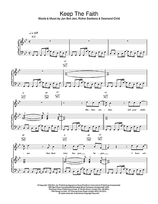 Preview Bon Jovi Keep The Faith Rock sheet music, notes and chords for Piano, Vocal & Guitar, SKU: 14495 sheet music, piano notes, chords, guitar tabs, score, transpose, transcribe, how to play, guide, download, learn, tutorial, progression, song, artist, awards, billboard, mtv, vh1, tour, single, album, release