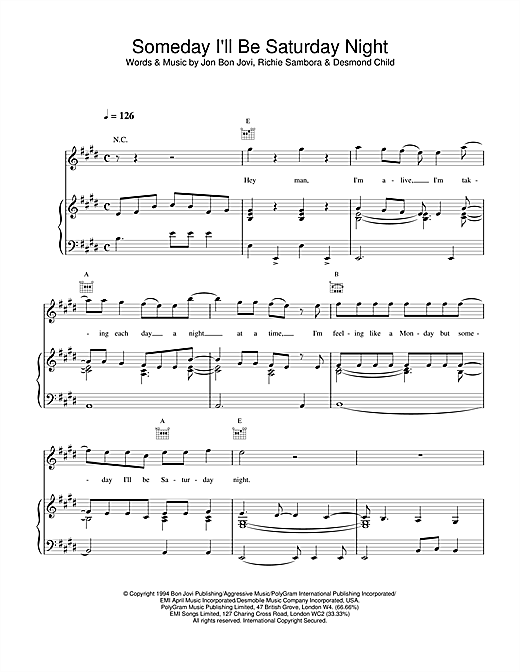 Preview Bon Jovi Someday I'll Be Saturday Night Rock sheet music, notes and chords for Piano, Vocal & Guitar (Right-Hand Melody), SKU: 14498 sheet music, piano notes, chords, guitar tabs, score, transpose, transcribe, how to play, guide, download, learn, tutorial, progression, song, artist, awards, billboard, mtv, vh1, tour, single, album, release