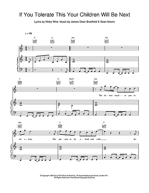Preview Manic Street Preachers If You Tolerate This Your Children Will Be Next Pop sheet music, notes and chords for Piano, Vocal & Guitar, SKU: 14500 sheet music, piano notes, chords, guitar tabs, score, transpose, transcribe, how to play, guide, download, learn, tutorial, progression, song, artist, awards, billboard, mtv, vh1, tour, single, album, release