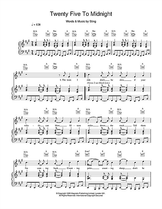 Preview Sting Twenty Five To Midnight Rock sheet music, notes and chords for Piano, Vocal & Guitar, SKU: 14501 sheet music, piano notes, chords, guitar tabs, score, transpose, transcribe, how to play, guide, download, learn, tutorial, progression, song, artist, awards, billboard, mtv, vh1, tour, single, album, release