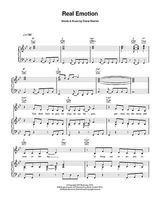 Preview Celine Dion Real Emotion Pop sheet music, notes and chords for Piano, Vocal & Guitar (Right-Hand Melody), SKU: 14507 sheet music, piano notes, chords, guitar tabs, score, transpose, transcribe, how to play, guide, download, learn, tutorial, progression, song, artist, awards, billboard, mtv, vh1, tour, single, album, release
