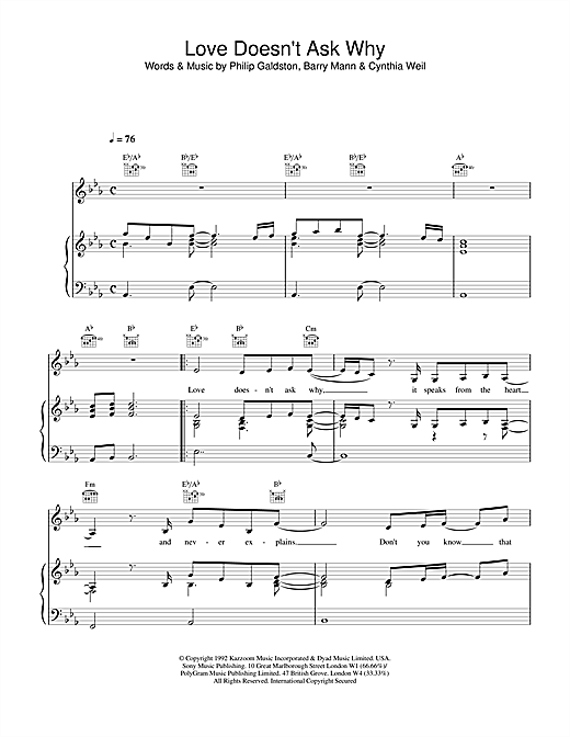 Preview Celine Dion Love Doesn't Ask Why Pop sheet music, notes and chords for Piano, Vocal & Guitar (Right-Hand Melody), SKU: 14509 sheet music, piano notes, chords, guitar tabs, score, transpose, transcribe, how to play, guide, download, learn, tutorial, progression, song, artist, awards, billboard, mtv, vh1, tour, single, album, release