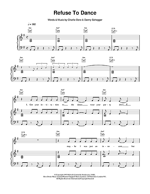 Preview Celine Dion Refuse To Dance Pop sheet music, notes and chords for Piano, Vocal & Guitar (Right-Hand Melody), SKU: 14510 sheet music, piano notes, chords, guitar tabs, score, transpose, transcribe, how to play, guide, download, learn, tutorial, progression, song, artist, awards, billboard, mtv, vh1, tour, single, album, release