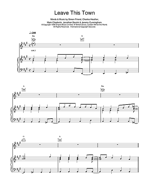 Preview The Levellers Leave This Town Pop sheet music, notes and chords for Piano, Vocal & Guitar (Right-Hand Melody), SKU: 14519 sheet music, piano notes, chords, guitar tabs, score, transpose, transcribe, how to play, guide, download, learn, tutorial, progression, song, artist, awards, billboard, mtv, vh1, tour, single, album, release