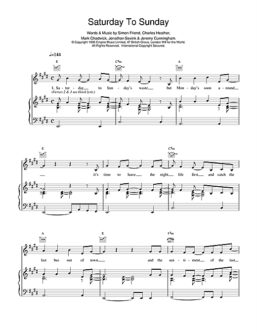 Preview The Levellers Saturday To Sunday Pop sheet music, notes and chords for Piano, Vocal & Guitar (Right-Hand Melody), SKU: 14520 sheet music, piano notes, chords, guitar tabs, score, transpose, transcribe, how to play, guide, download, learn, tutorial, progression, song, artist, awards, billboard, mtv, vh1, tour, single, album, release