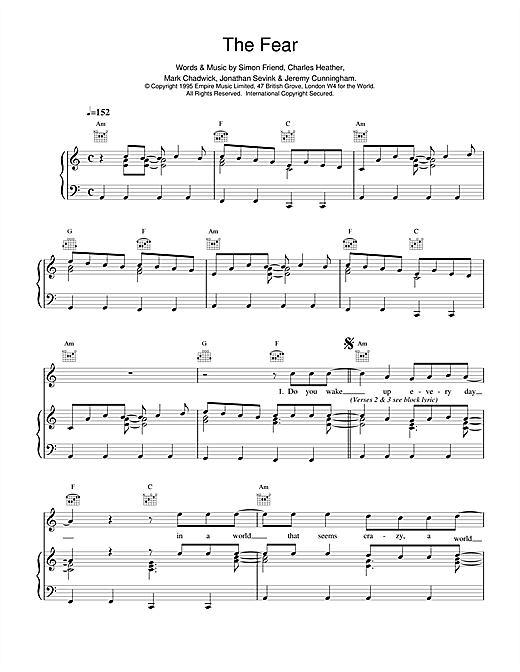 Preview The Levellers The Fear Pop sheet music, notes and chords for Piano, Vocal & Guitar (Right-Hand Melody), SKU: 14521 sheet music, piano notes, chords, guitar tabs, score, transpose, transcribe, how to play, guide, download, learn, tutorial, progression, song, artist, awards, billboard, mtv, vh1, tour, single, album, release