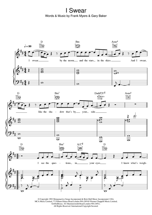 Preview All-4-One I Swear Pop sheet music, notes and chords for Piano, Vocal & Guitar, SKU: 14524 sheet music, piano notes, chords, guitar tabs, score, transpose, transcribe, how to play, guide, download, learn, tutorial, progression, song, artist, awards, billboard, mtv, vh1, tour, single, album, release