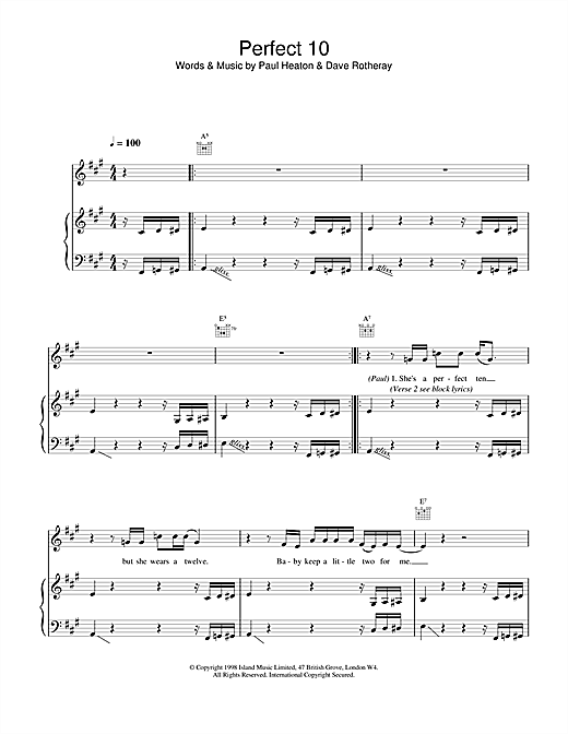 Preview The Beautiful South Perfect 10 Rock sheet music, notes and chords for Piano, Vocal & Guitar, SKU: 14527 sheet music, piano notes, chords, guitar tabs, score, transpose, transcribe, how to play, guide, download, learn, tutorial, progression, song, artist, awards, billboard, mtv, vh1, tour, single, album, release