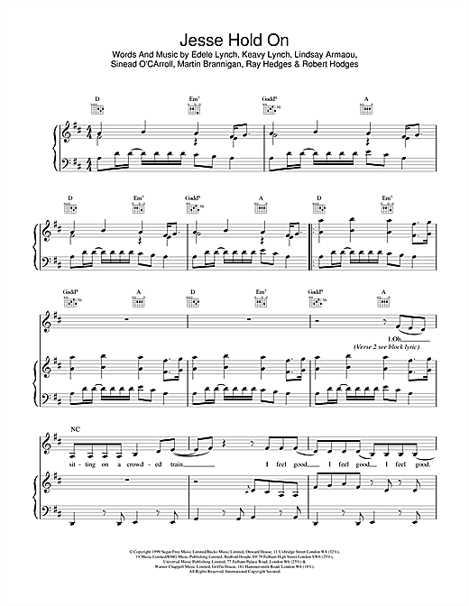Preview B*Witched Jesse Hold On Pop sheet music, notes and chords for Piano, Vocal & Guitar, SKU: 14529 sheet music, piano notes, chords, guitar tabs, score, transpose, transcribe, how to play, guide, download, learn, tutorial, progression, song, artist, awards, billboard, mtv, vh1, tour, single, album, release