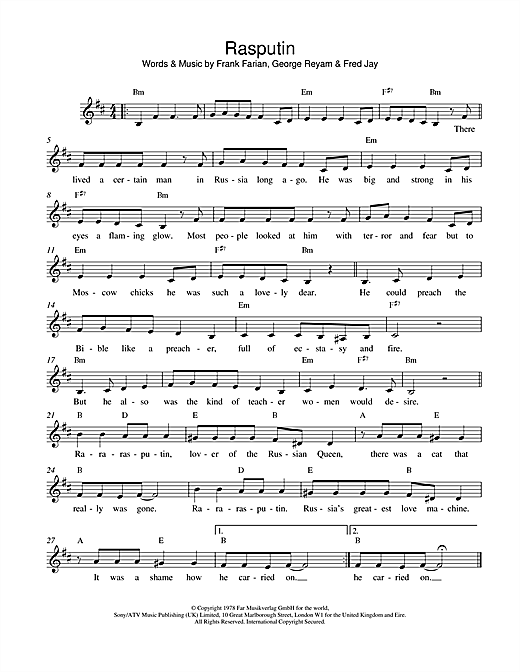 Preview Boney M Rasputin Pop sheet music, notes and chords for Melody Line, Lyrics & Chords, SKU: 14532 sheet music, piano notes, chords, guitar tabs, score, transpose, transcribe, how to play, guide, download, learn, tutorial, progression, song, artist, awards, billboard, mtv, vh1, tour, single, album, release