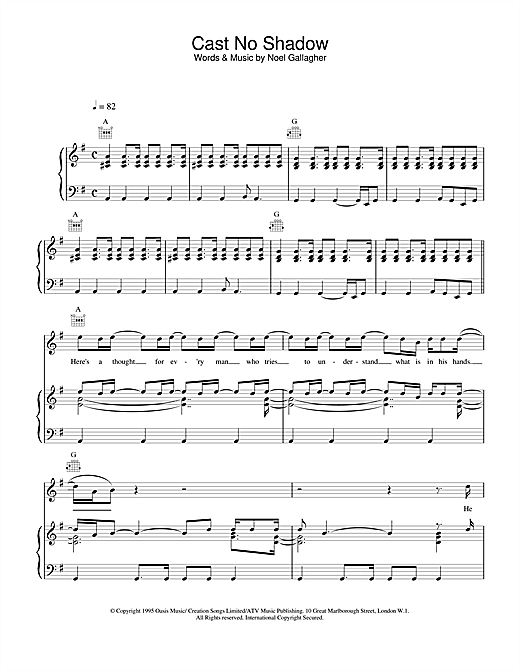 Preview Oasis Cast No Shadow Pop sheet music, notes and chords for Piano, Vocal & Guitar (Right-Hand Melody), SKU: 14551 sheet music, piano notes, chords, guitar tabs, score, transpose, transcribe, how to play, guide, download, learn, tutorial, progression, song, artist, awards, billboard, mtv, vh1, tour, single, album, release