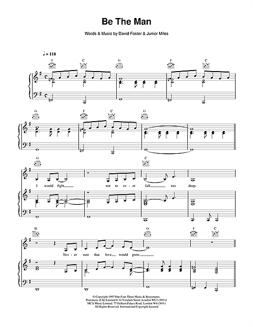 Preview Celine Dion Be The Man Pop sheet music, notes and chords for Piano, Vocal & Guitar (Right-Hand Melody), SKU: 14554 sheet music, piano notes, chords, guitar tabs, score, transpose, transcribe, how to play, guide, download, learn, tutorial, progression, song, artist, awards, billboard, mtv, vh1, tour, single, album, release