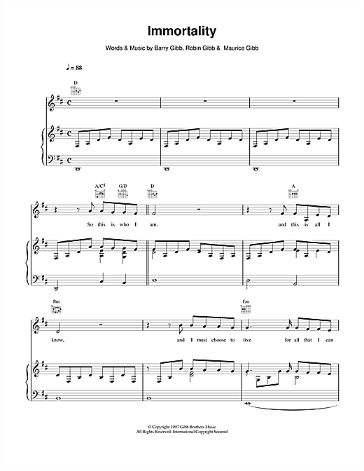 Preview Celine Dion Immortality Pop sheet music, notes and chords for Piano, Vocal & Guitar (Right-Hand Melody), SKU: 14558 sheet music, piano notes, chords, guitar tabs, score, transpose, transcribe, how to play, guide, download, learn, tutorial, progression, song, artist, awards, billboard, mtv, vh1, tour, single, album, release