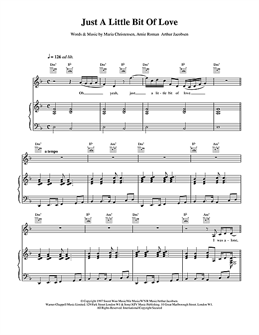 Preview Celine Dion Just A Little Bit Of Love Pop sheet music, notes and chords for Piano, Vocal & Guitar (Right-Hand Melody), SKU: 14559 sheet music, piano notes, chords, guitar tabs, score, transpose, transcribe, how to play, guide, download, learn, tutorial, progression, song, artist, awards, billboard, mtv, vh1, tour, single, album, release