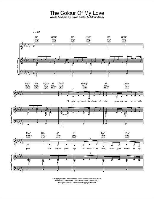 Preview Celine Dion The Colour Of My Love Pop sheet music, notes and chords for Piano, Vocal & Guitar (Right-Hand Melody), SKU: 14571 sheet music, piano notes, chords, guitar tabs, score, transpose, transcribe, how to play, guide, download, learn, tutorial, progression, song, artist, awards, billboard, mtv, vh1, tour, single, album, release