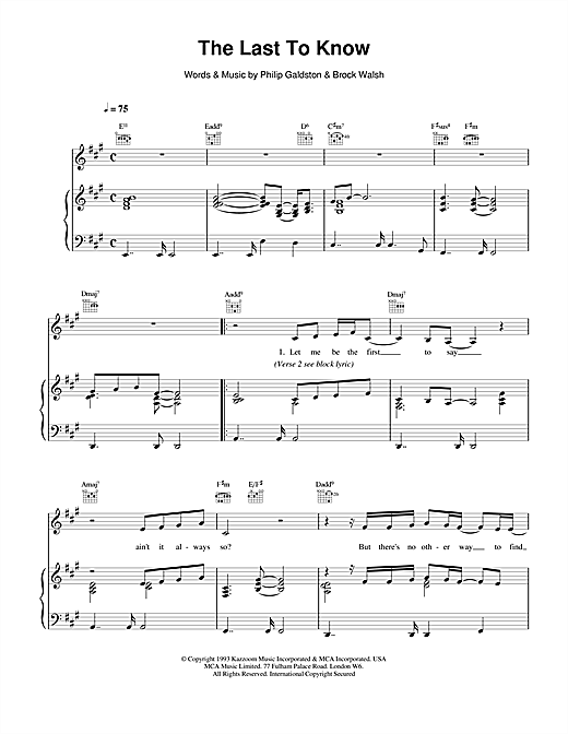 Preview Celine Dion The Last To Know Pop sheet music, notes and chords for Piano, Vocal & Guitar (Right-Hand Melody), SKU: 14572 sheet music, piano notes, chords, guitar tabs, score, transpose, transcribe, how to play, guide, download, learn, tutorial, progression, song, artist, awards, billboard, mtv, vh1, tour, single, album, release