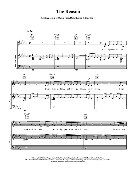 Preview Celine Dion The Reason Pop sheet music, notes and chords for Piano, Vocal & Guitar (Right-Hand Melody), SKU: 14573 sheet music, piano notes, chords, guitar tabs, score, transpose, transcribe, how to play, guide, download, learn, tutorial, progression, song, artist, awards, billboard, mtv, vh1, tour, single, album, release