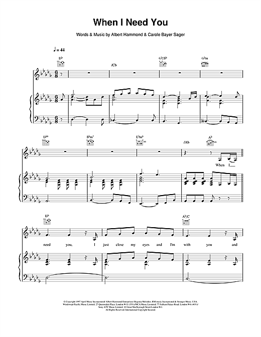 Preview Celine Dion When I Need You Pop sheet music, notes and chords for Piano, Vocal & Guitar (Right-Hand Melody), SKU: 14579 sheet music, piano notes, chords, guitar tabs, score, transpose, transcribe, how to play, guide, download, learn, tutorial, progression, song, artist, awards, billboard, mtv, vh1, tour, single, album, release