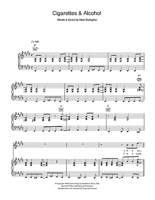 Preview Oasis Cigarettes & Alcohol Pop sheet music, notes and chords for Piano, Vocal & Guitar (Right-Hand Melody), SKU: 14584 sheet music, piano notes, chords, guitar tabs, score, transpose, transcribe, how to play, guide, download, learn, tutorial, progression, song, artist, awards, billboard, mtv, vh1, tour, single, album, release