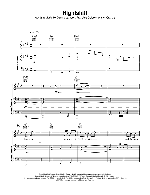 Preview Commodores Nightshift Pop sheet music, notes and chords for Piano, Vocal & Guitar, SKU: 14587 sheet music, piano notes, chords, guitar tabs, score, transpose, transcribe, how to play, guide, download, learn, tutorial, progression, song, artist, awards, billboard, mtv, vh1, tour, single, album, release