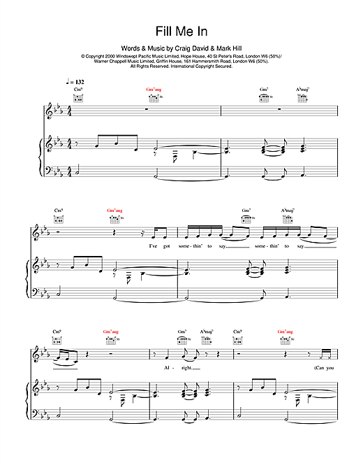 Preview Craig David Fill Me In R & B sheet music, notes and chords for Piano, Vocal & Guitar, SKU: 14590 sheet music, piano notes, chords, guitar tabs, score, transpose, transcribe, how to play, guide, download, learn, tutorial, progression, song, artist, awards, billboard, mtv, vh1, tour, single, album, release